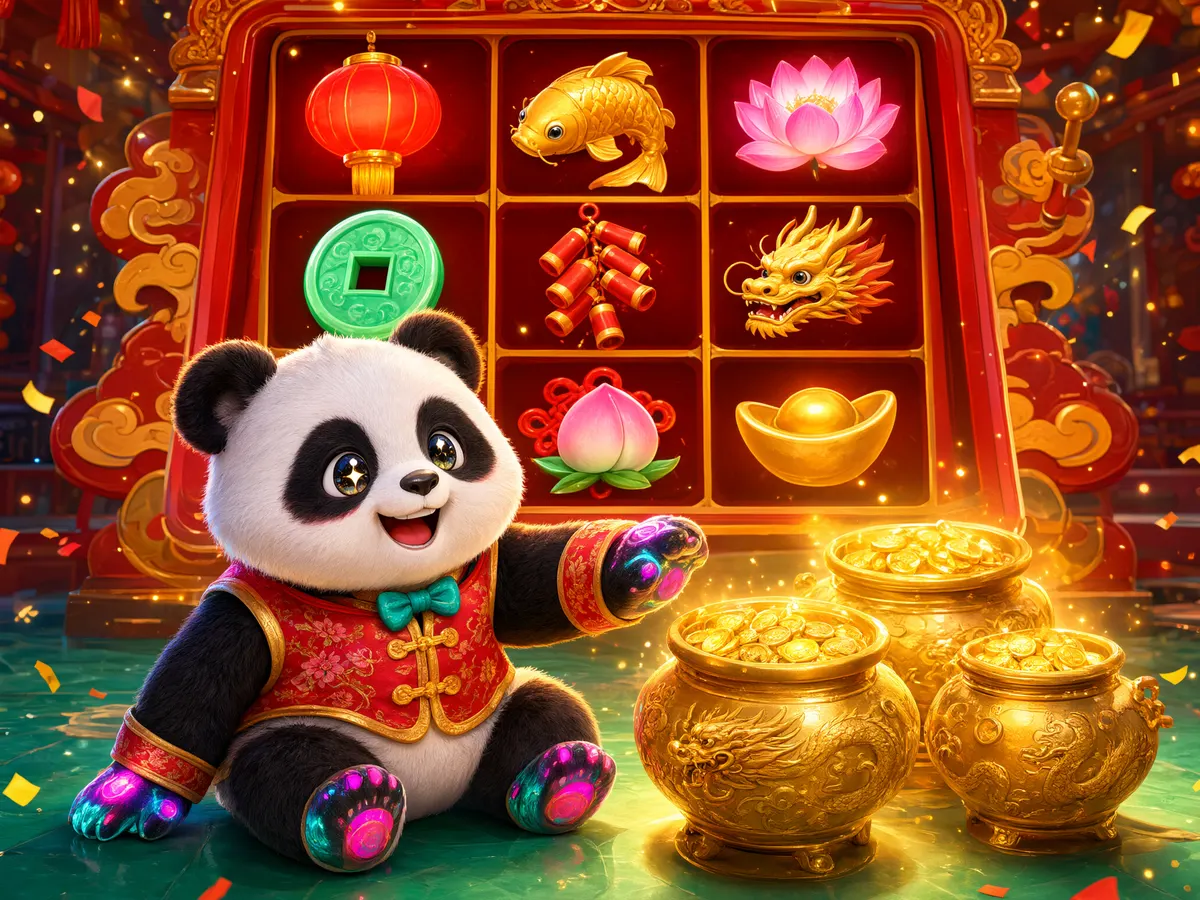 Cartoon panda beside three golden pots in front of a slot machine grid, illustrating the 3 Pot Panda slot by TaDa Gaming