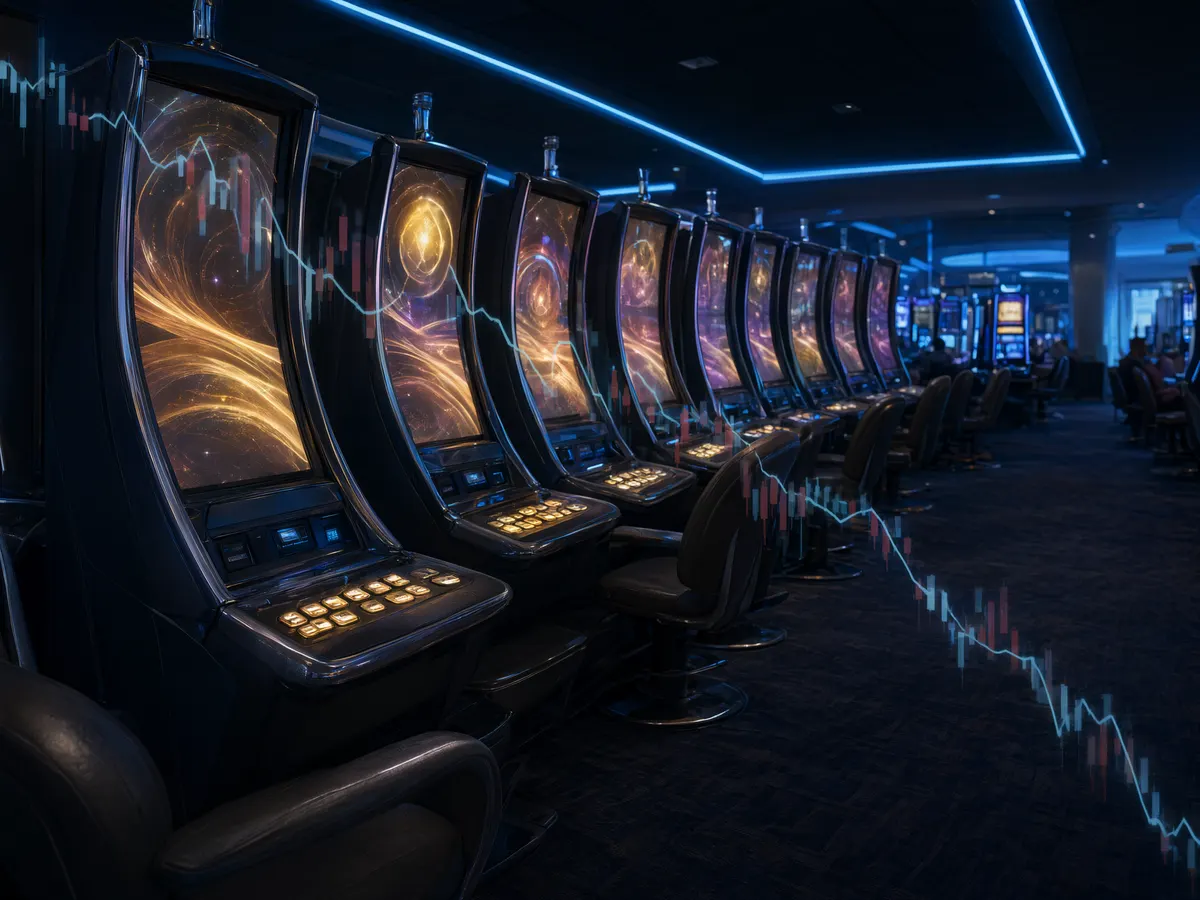 Row of slot machines with a declining stock chart overlaid, illustrating the September drop in the AGEM Index
