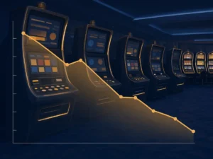 Downward trending chart over a row of slot machine cabinets, illustrating the AGEM Index decline