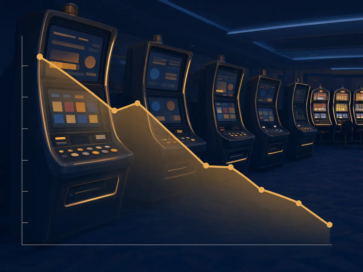 Downward trending chart over a row of slot machine cabinets, illustrating the AGEM Index decline