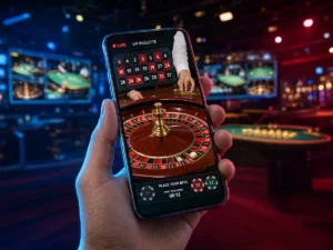 Smartphone showing a live dealer roulette table with a casino studio behind it