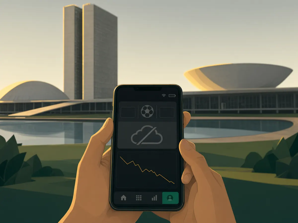 Smartphone showing an offline betting app against a Brazilian government building backdrop