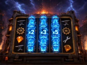 Illustration of expanding wild symbols growing upward across slot reels with rising multipliers