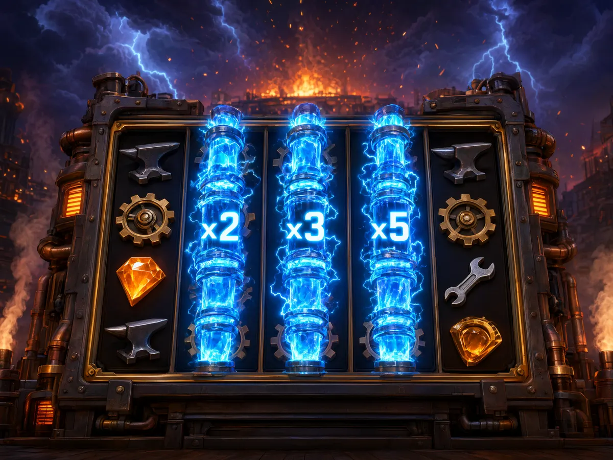 Illustration of expanding wild symbols growing upward across slot reels with rising multipliers