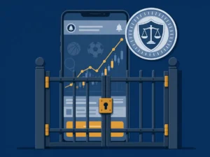 Illustration of a crypto app showing a sports event contract chart blocked by a regulator's seal