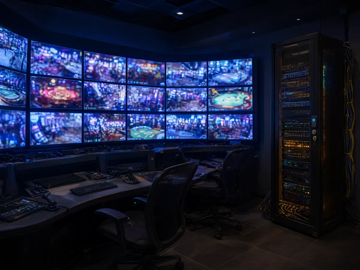 Casino surveillance room with local server rack processing camera feeds on site