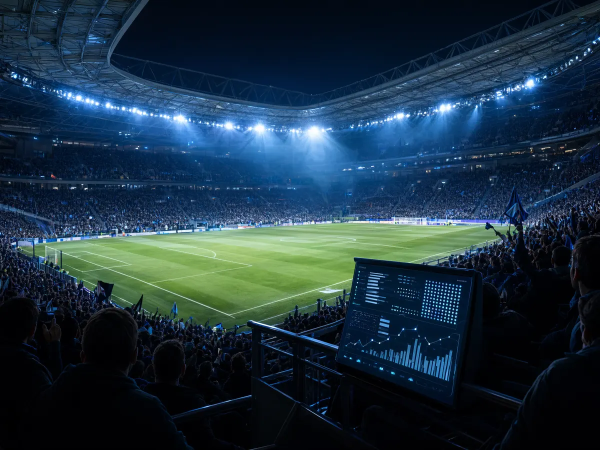 Floodlit stadium at night with odds display in the foreground, illustrating big-match Champions League betting interest