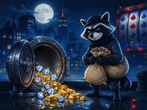 Cartoon raccoon burglar on a moonlit rooftop beside an open safe spilling gold and diamonds, illustrating the Raccoon Raiders slot