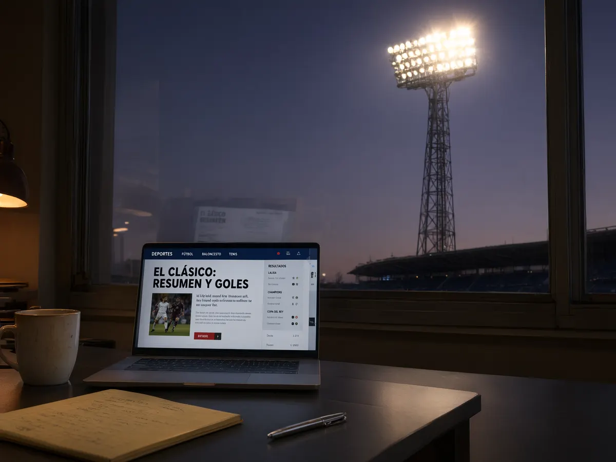 Newsroom desk with a Spanish sports website on screen and a floodlit football stadium outside the window