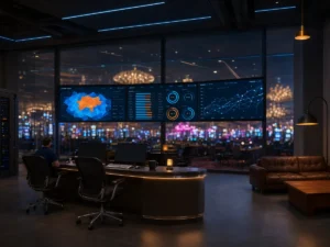 Casino resort operations dashboards overlooking a gaming floor