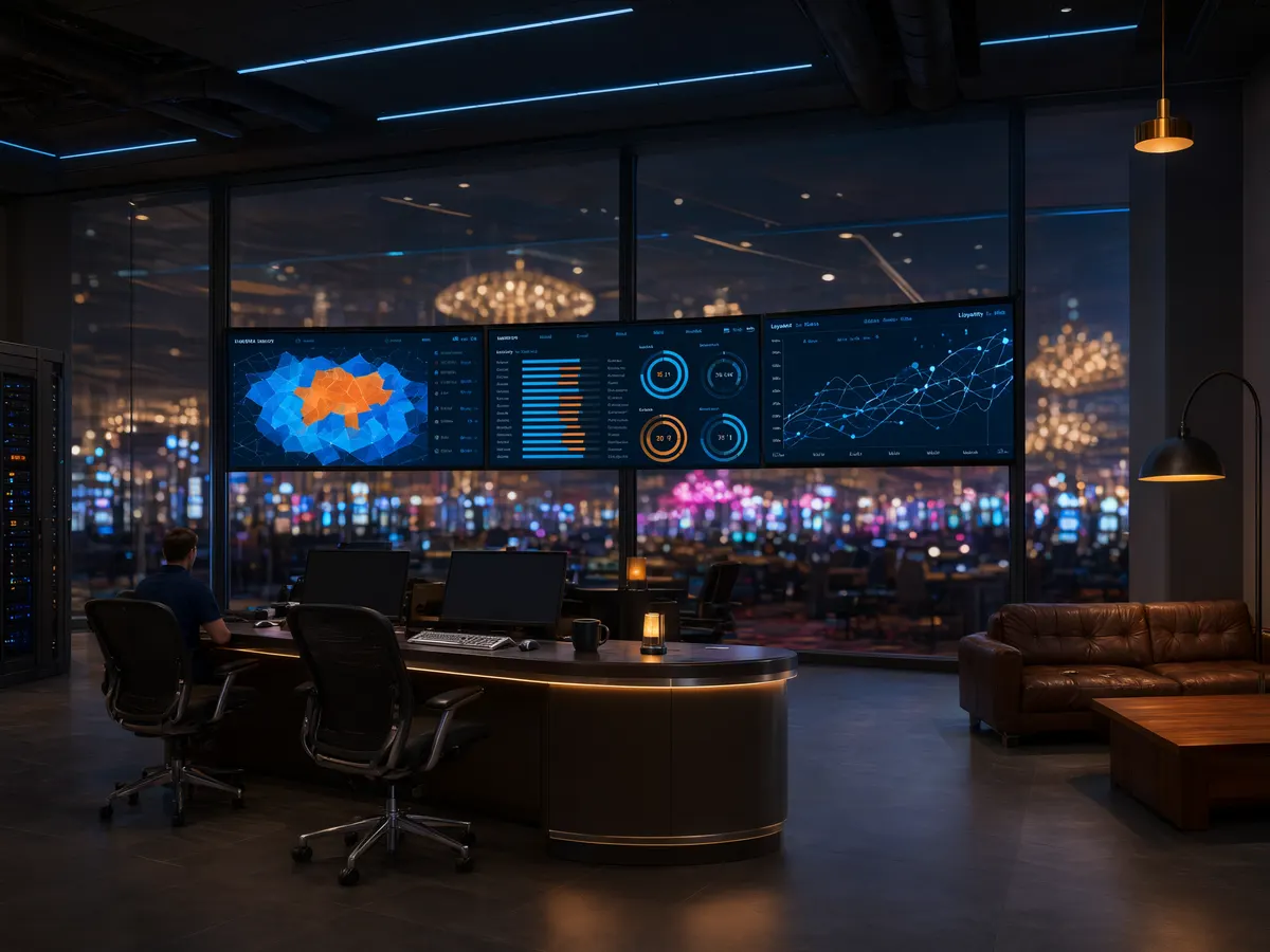 Casino resort operations dashboards overlooking a gaming floor
